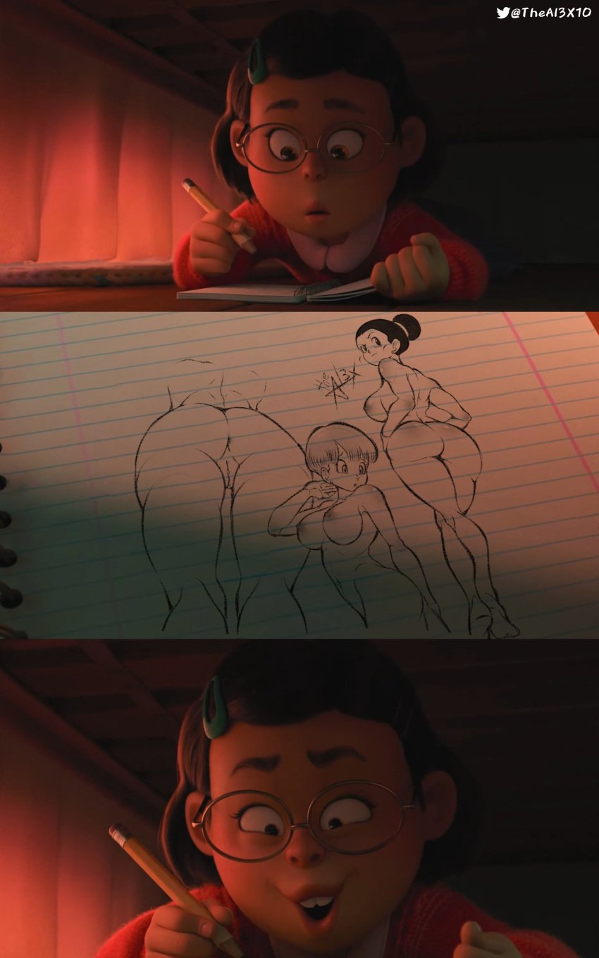 1girls aged_up big_ass big_breasts black_and_white black_hair bulma_briefs chichi disney dragon_ball dragon_ball_z drawing drawing_pad full_body funny_face glasses mei_lee meme nipples no_color pixar short_hair theal3x10_(artist) turning_red vagina