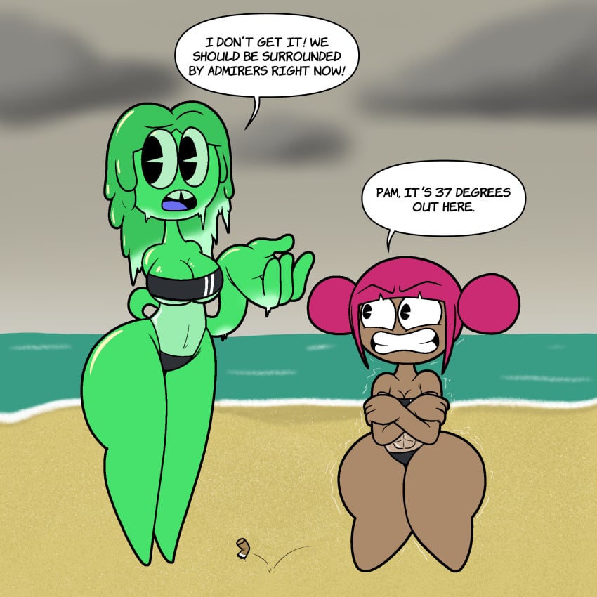 2022 2girls 4_fingers abs badguynek beach big_ass big_breasts black_eyes cigarette cold cute dark-skinned_female dark_skin featureless_feet female flan_(nek) funny green_eyes green_hair green_skin gris_swimsuit hair_buns humor icicle icicles maids_(nek) multiple_girls ocean original_character pam_(nek) purple_hair shivering slime_girl tagme thick_thighs tooth_gap