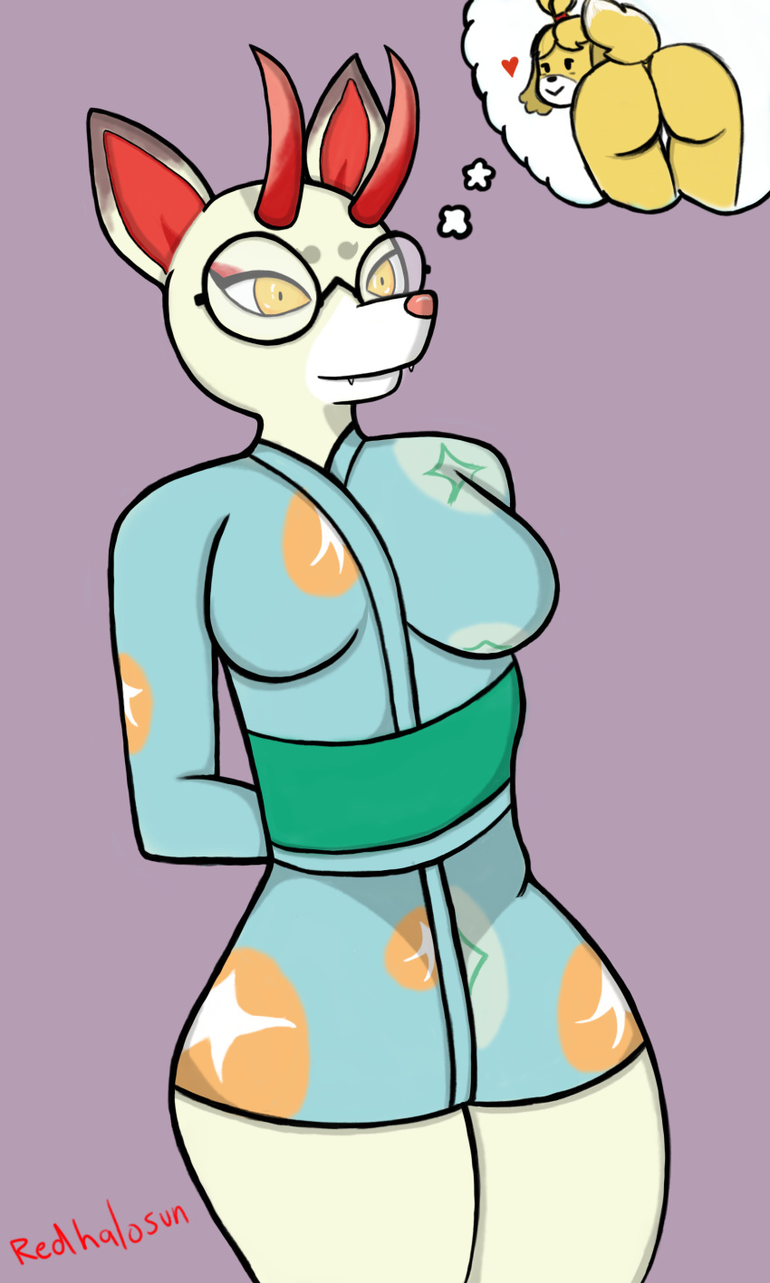 animal_crossing anthro ass breasts clothed deer glasses isabelle_(animal_crossing) nintendo redhalosun shino_(animal_crossing) source_request tagme year_request