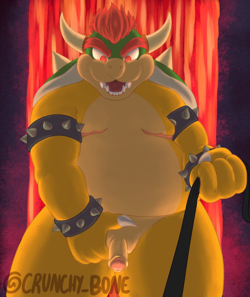 absurd_res anthro bowser crunchybone first_person_view genitals hi_res holding_object holding_penis leash leash_pull leashed_pov male male_only mario_(series) nintendo penis scar solo