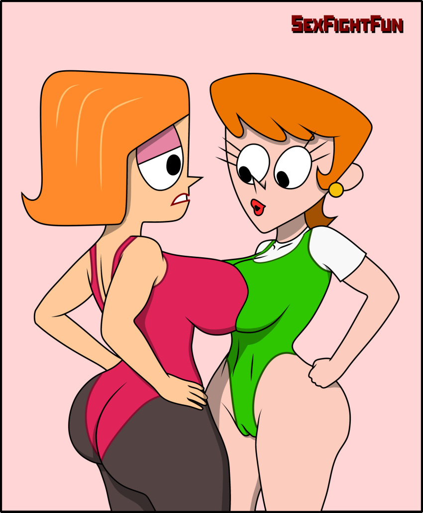 ass ass_grab back_view big_breasts breasts cameltoe cartoon_network crossover debbie_turnbull debs_turnbull dexter's_laboratory dexter's_mom female female_only grabbing_ass gym_uniform gymnastics huge_breasts leotard milf nickelodeon nipples_visible_through_clothing retro robotboy sexfightfun spines sports_uniform string yuri