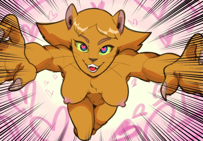 <3_eyes action_pose alternate_species anthro anthro_only anthrofied breasts claws clover_(totally_spies) dbaru domestic_cat fangs felid feline felis female heart heart_background hi_res mammal medium_breasts motion_lines nipples nude open_mouth perspective pose pounce reaching_towards_viewer solo totally_spies transformation