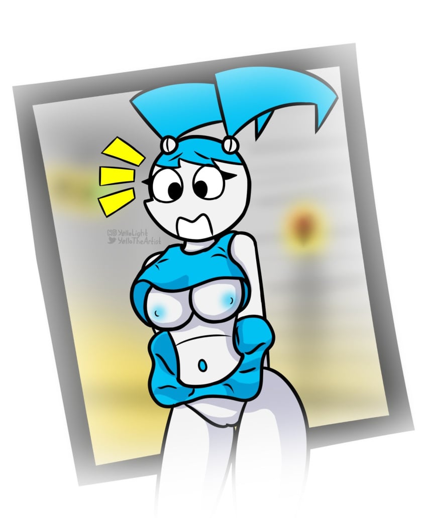 1girls alternate_breast_size blue_hair breasts city female female_only jenny_wakeman my_life_as_a_teenage_robot nickelodeon no_bra no_panties public robot robot_girl shocked shocked_expression smooth_skin white_body wind_lift windy_skirt xj-9 yellolight