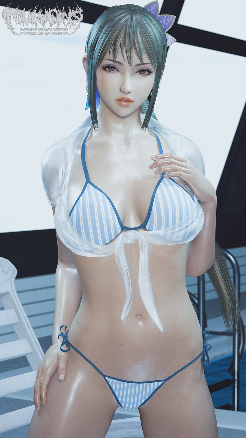 1girls dynasty_warriors foulveins large_breasts looking_at_viewer pool poolside that_pool wang_yuanji wet_body