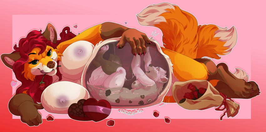 5_fingers anthro candy canid canine canis carissa chocolate dessert digestion digestion_noises female female/female flower food forced fox hi_res holidays internal large_breasts mammal medium_breasts plant romantic rose_(flower) serialdad solo valentine's_day vore wolf x-ray