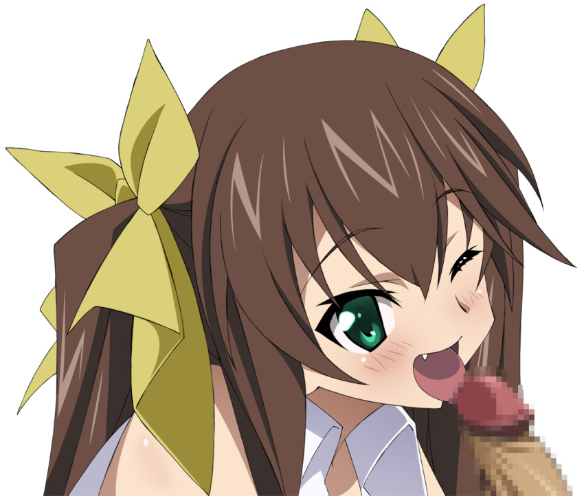 1girls blush brown_hair censored chinese_girl female green_eyes huang_lingyin infinite_stratos oerba_yun_fang penis tongue_out twintails