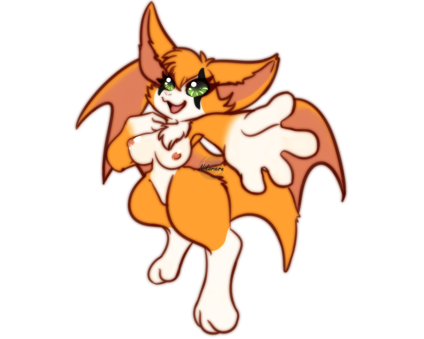 2021 breasts chiropteran digital_media_(artwork) dust:_an_elysian_tail female fidget fur green_eyes hi_res looking_at_viewer mammal membrane_(anatomy) membranous_wings nikorieru nimbat nipples open_mouth orange_body orange_fur semi-anthro smile solo video_games white_body white_fur wings