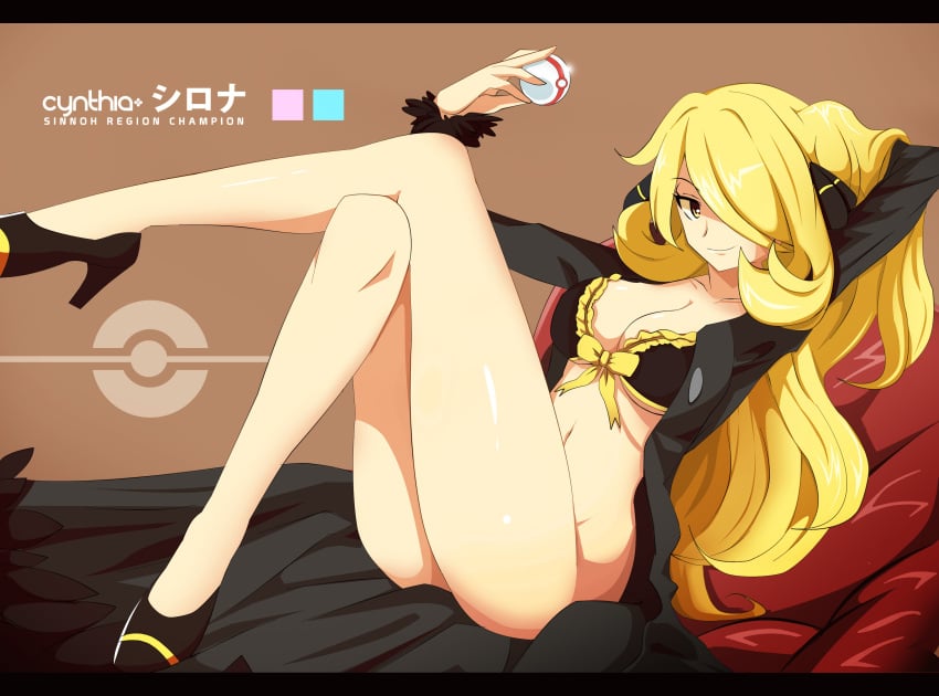 bottomless bra breasts cynthia_(pokemon) female hair_between_eyes high_heels nintendo pokemon pokemon_champion solo vivivoovoo