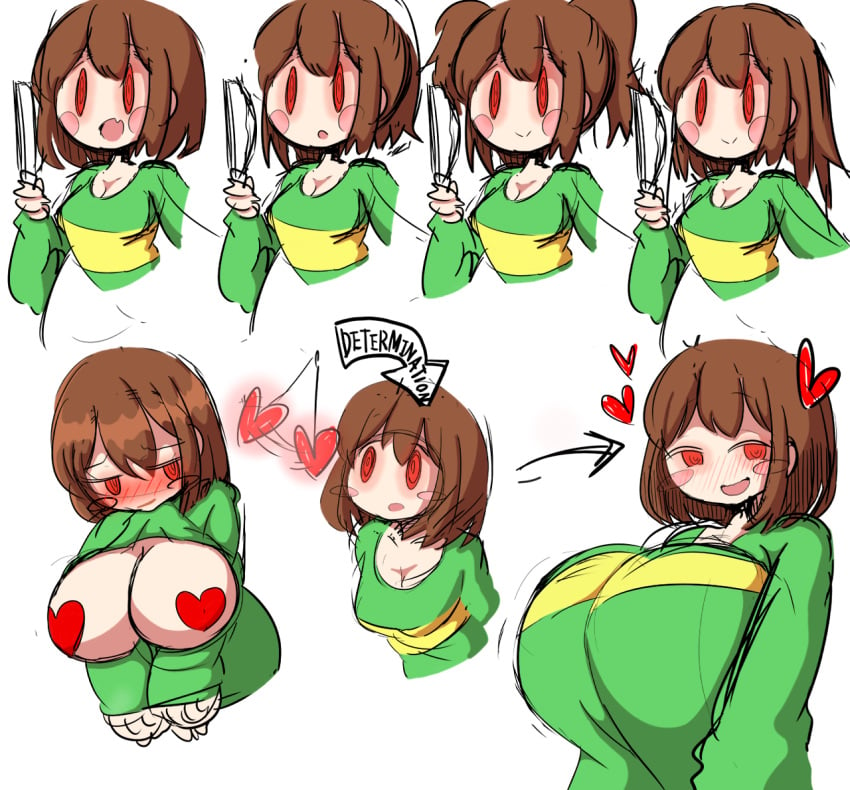 2d alternate_hairstyle bad_censor big_breasts blush breast_expansion brown_hair chara cleavage colored covering cute edit edited female female_only heart_pasties horny huge_breasts hypnosis hypnotized_personality_change knife light-skinned_female light_skin looking_at_viewer pale-skinned_female pale_skin pasties petronoise red_eyes short_hair simple_background solid_color_background sweater toby_fox undertale