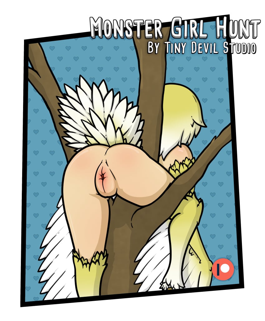 absurd_res animal_genitalia avian cloaca european_mythology feathered_wings feathers female genitals greek_mythology harpy hi_res humanoid monster_girl_(genre) monster_girl_hunt mythological_avian mythology rear_view stuck tinydevil wings