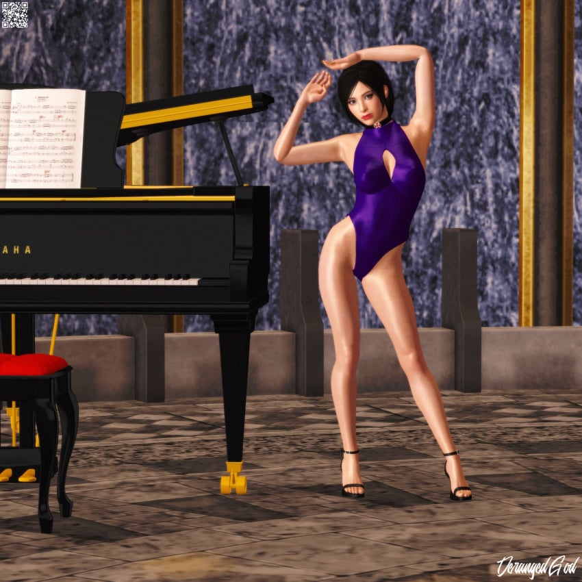 1girls 3d ada_wong ada_wong_(adriana) blue_eyes breasts capcom derangedgod female hands_behind_head heels leotard looking_at_viewer nipples_visible_through_clothing no_bra petite piano piano_bench red_lipstick resident_evil resident_evil_2 resident_evil_2_remake shoes short_hair small_breasts standing staring swimsuit umbrella_corporation