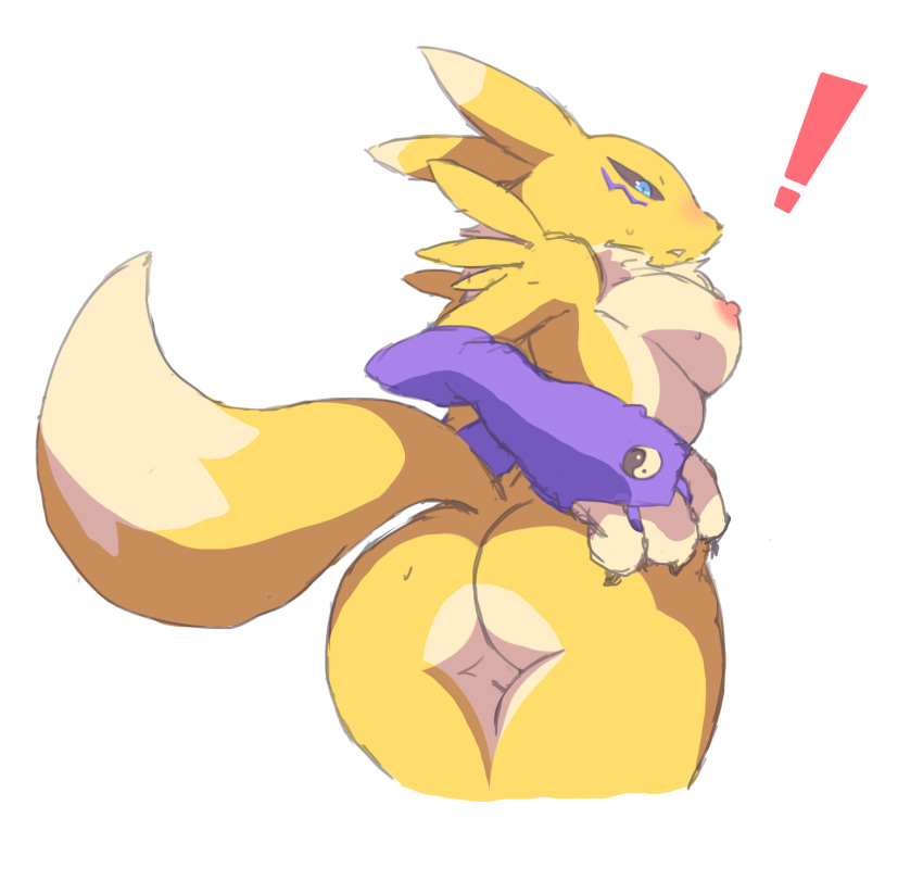 ! anthro ass black_sclera blue_eyes breasts canid canine digimon digimon_(species) female heiyuu hi_res mammal mostly_nude nipples rear_view renamon simple_background sketch solo white_background