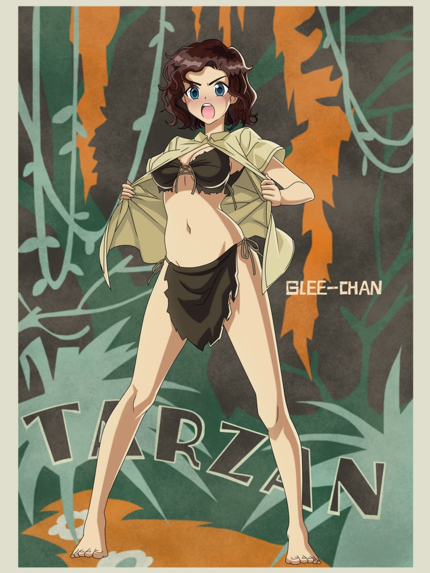 1girls blue_eyes brown_hair cleavage glee-chan jane_porter jungle large_breasts loincloth medium_hair tarzan undressing voluptuous