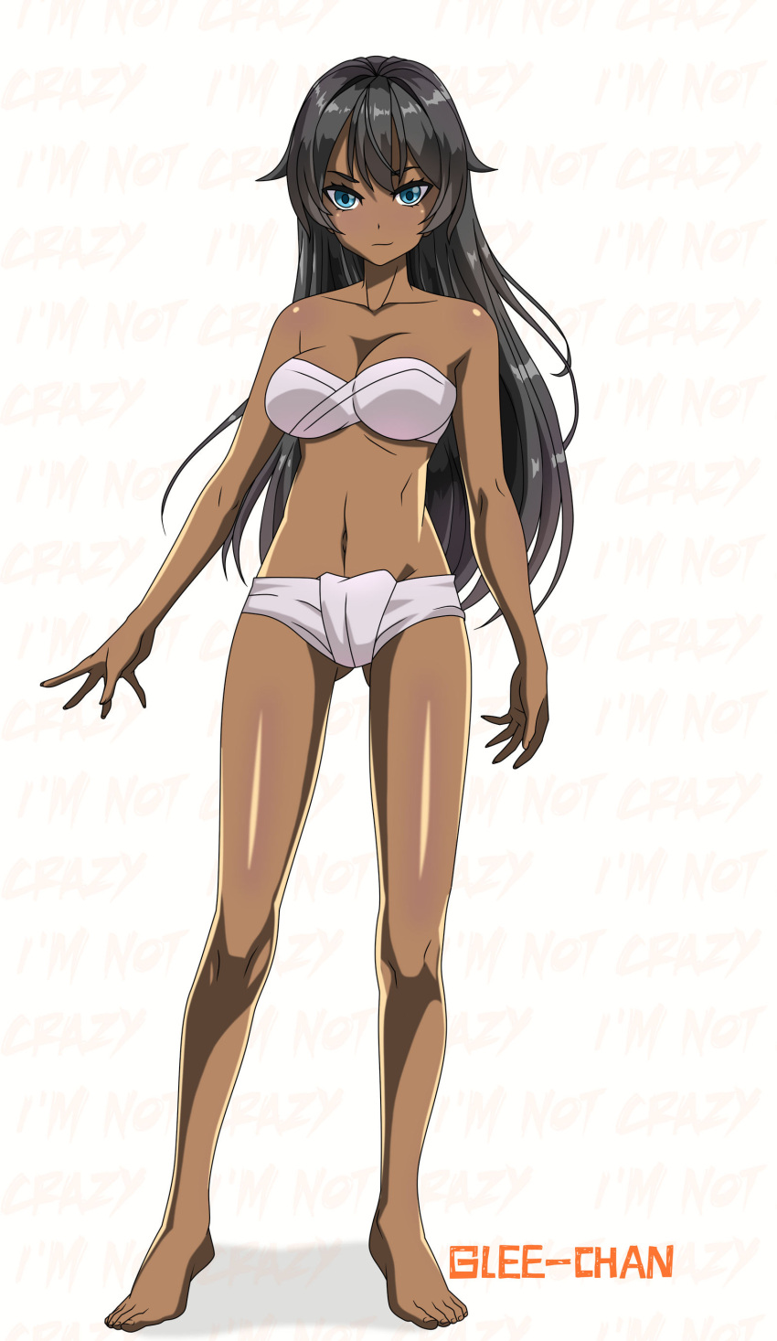 black_hair blue_eyes cleavage dark-skinned_female english_text glee-chan jungle_girl large_breasts long_hair native original original_character tanned_female tanned_skin text_background tribal underwear white_background