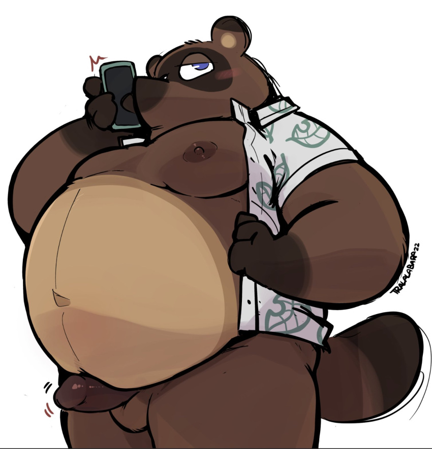 2022 aloha_shirt animal_crossing anthro balls belly big_belly blush bottomless canid canine cellphone clothed clothing emanata erection fur genitals half-closed_eyes haps hi_res holding_object holding_phone humanoid_genitalia humanoid_penis male male_only mammal moobs narrowed_eyes navel nintendo nipples open_clothing open_shirt open_topwear overweight overweight_anthro overweight_male pattern_clothing pattern_shirt pattern_topwear penis phone phone_call raccoon_dog shirt signature simple_background smartphone solo standing tanuki tom_nook topwear tuft video_games white_background