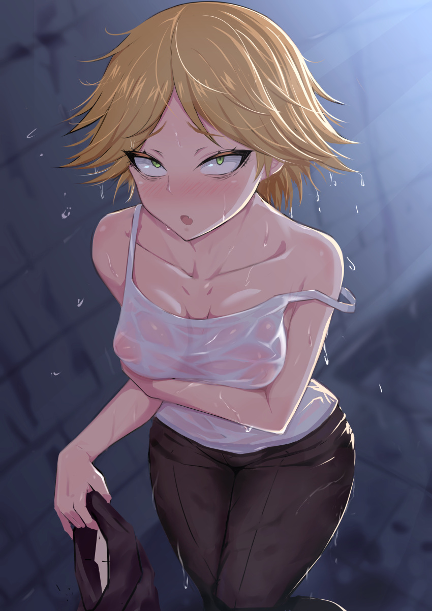 1girls blonde_hair breasts eye_contact female female_focus female_only looking_at_viewer neia_baraja nipples nipples_visible_through_clothing overlord_(maruyama) rubewe short_hair solo standing thighs wet_clothes wet_shirt