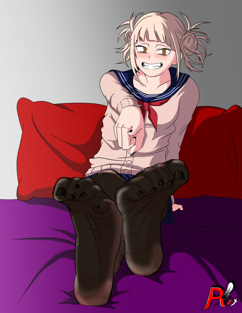 1girls arlioth bangs bed black_nail_polish black_nails black_toenails blonde_hair blush crossed_legs double_bun fangs feet foot_fetish foot_focus hair_bun heels himiko_toga looking_at_viewer mascara my_hero_academia pointing school_uniform smile soles solo spiky_hair stockings toes yellow_eyes