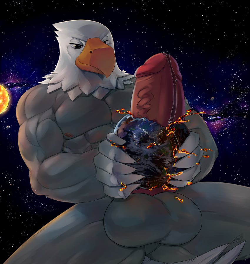 2022 abs absurd_res accipitrid accipitriform animal_crossing anthro apollo_(animal_crossing) avian bald_eagle balls beak big_balls big_penis bird bodily_fluids destruction eagle fire genital_fluids genitals glans hi_res humanoid_genitalia humanoid_penis macro male male_only muscular muscular_anthro muscular_male nintendo nipples pecs penetration penis pink_glans pink_penis planet planet_destruction planet_penetration precum sea_eagle soina solo sun vein video_games