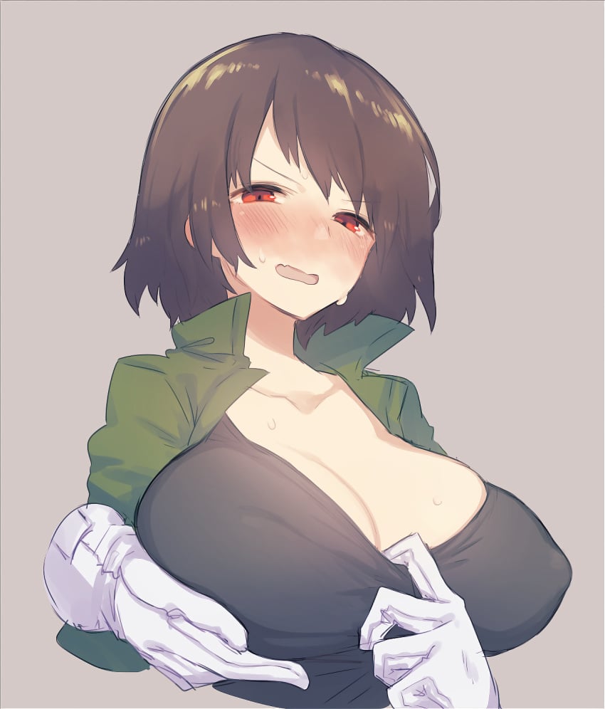 1girls alternate_universe aroused blush brown_hair chara disembodied_hand edit embarrassed hand_on_breast huge_breasts large_breasts looking_at_viewer oshiruko_(tsume) pulling_down_shirt red_eyes short_hair swapfell swapfell_chara sweat toby_fox undertale undertale_au upscaled