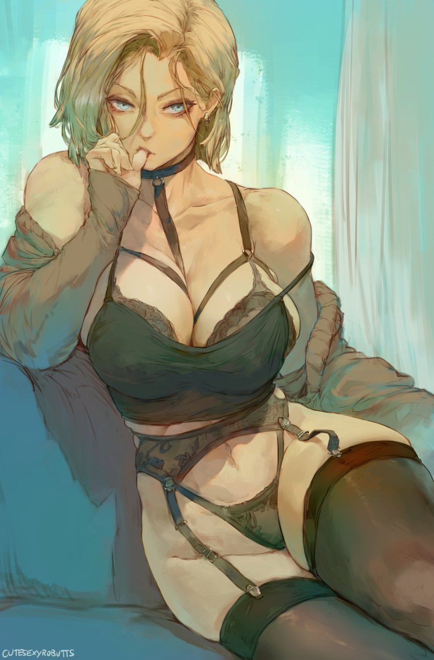 1girls 2022 absurd_res android_18 artist_signature big_breasts black_bra black_lingerie blonde_hair blue_eyes bob_cut bra breasts clothed_female cutesexyrobutts dragon_ball dragon_ball_z female female_focus female_only finger_in_mouth garter_straps hi_res highres hips huge_breasts large_filesize lingerie looking_at_viewer mature mature_female naughty_face nipple_bulge patreon patreon_reward png short_hair slim_waist solo solo_female solo_focus strappy_bra tank_top thick_thighs thighhighs thighs very_high_resolution wide_hips