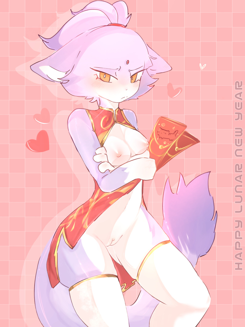 absurd_res asian_clothing blaze_the_cat breasts chinese_clothing chinese_new_year clothing domestic_cat east_asian_clothing felid feline felis female genitals heart hi_res legwear mammal marinemarines2 nipples pussy sega solo sonic_(series) stockings