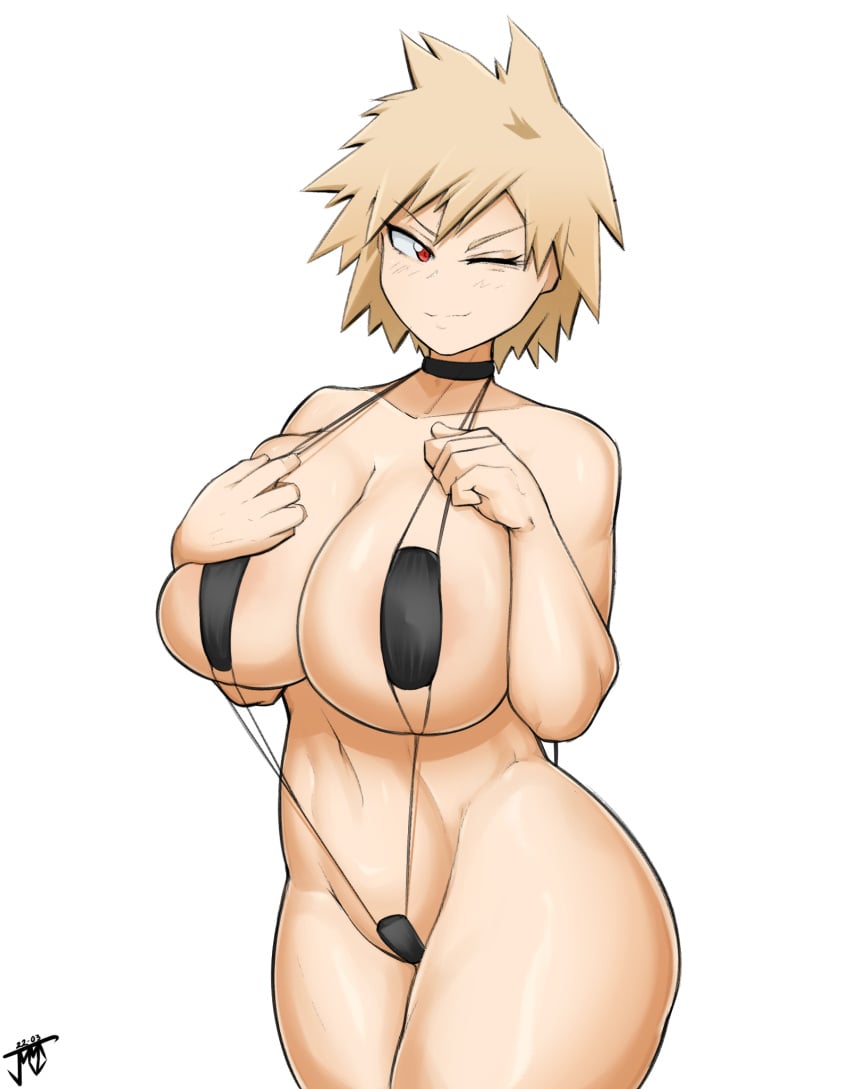 1girls big_breasts blonde_hair breasts choker female female_focus female_only huge_breasts jmvmaa mature_female milf mitsuki_bakugou my_hero_academia one_eye_closed red_eyes short_hair sling_bikini solo standing thick_thighs thighs voluptuous wide_hips