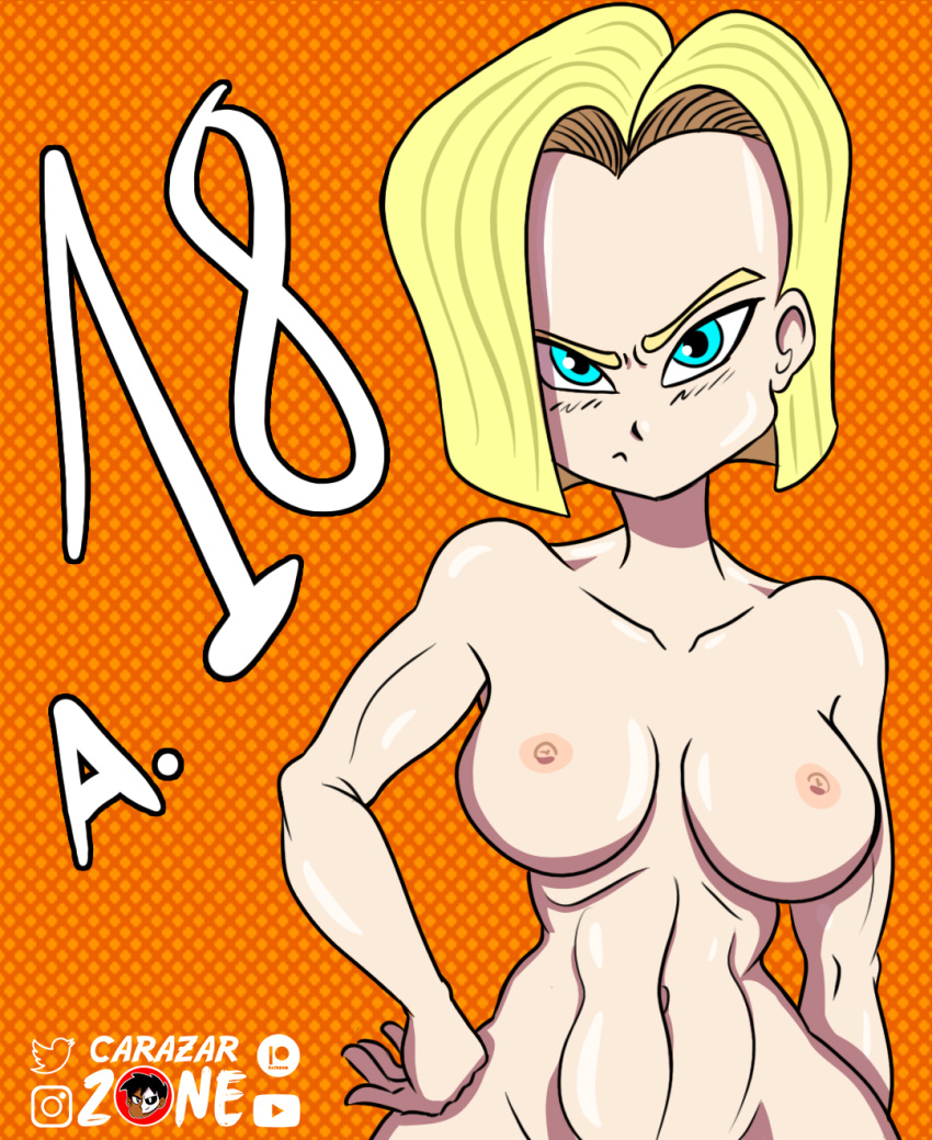 1girls android android_18 blue_eyes breasts carazar_zone dragon_ball dragon_ball_z m&aacute;s milf muscular_female nipples number solo_female