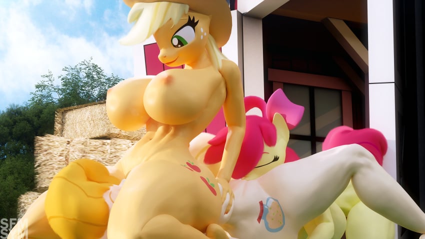 16:9 3d 3d_(artwork) anthro apple_bloom_(mlp) applejack_(mlp) ass big_breasts big_butt breasts digital_media_(artwork) female female/female friendship_is_magic group hasbro hi_res huge_breasts huge_butt incest my_little_pony nipples nude pear_butter_(mlp) smooth_skin symm widescreen