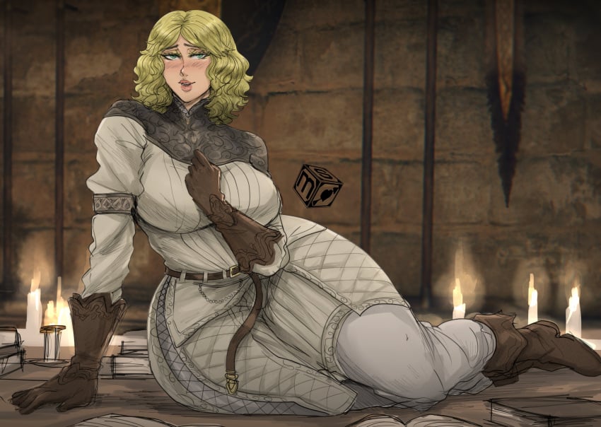 1girls alternate_body_type blonde_hair blush child_bearing_hips clothed elden_ring female female_only fromsoftware large_breasts looking_at_viewer on_floor open_mouth roderika_(elden_ring) sekushimagik smile tagme thick_thighs wide_hips