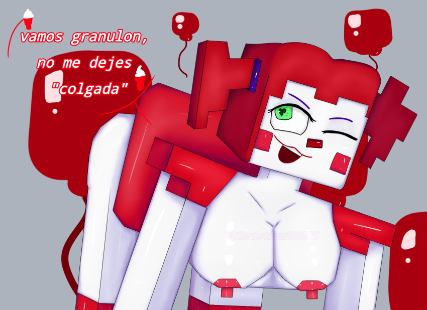 1girls adult animatronic baby_(fnafsl) breasts christian2005am circus_baby circus_baby_(fnaf) circus_baby_(minecraft) commission crossover doggy_style edit fazbear_&_friends fazbear_&_friends_(zamination) female female_only five_nights_at_freddy's five_nights_at_freddy's:_sister_location fnaf green_eyes looking_at_another looking_at_viewer looking_back message minecraft open_mouth outside red_balloon red_hair red_nipples red_skirt red_stockings scottgames self_upload sister_location solo solo_female spanish_text tagme text translation_request