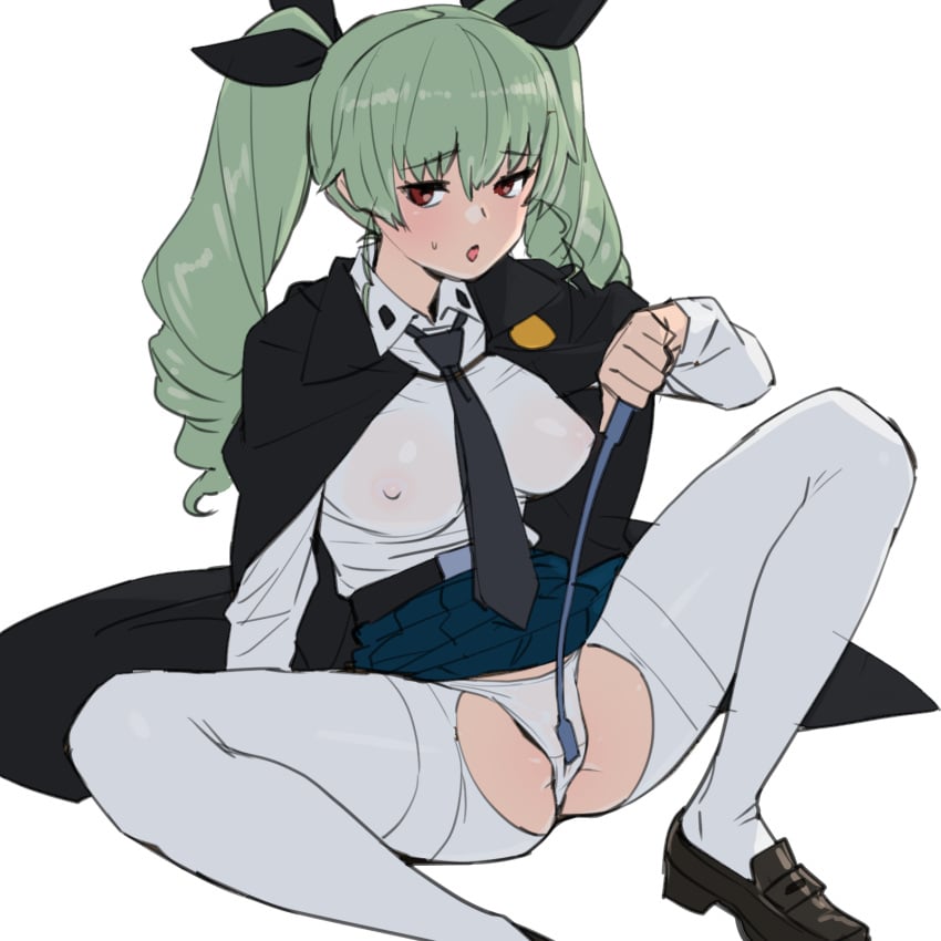 anchovy anchovy_(girls_und_panzer) anzio_school_uniform bangs belt black_belt black_cape black_footwear black_necktie black_ribbon black_skirt blush cape covered_nipples crotch_cutout crotch_rub crotch_seam dress_shirt drill_hair emblem eyebrows_visible_through_hair female girls_und_panzer green_hair hair_ribbon half-closed_eyes highres holding leaning_back loafers long_hair long_sleeves looking_at_viewer miniskirt necktie nipples no_bra onsen_tamago_(hs_egg) open_mouth panties pantyhose pleated_skirt red_eyes ribbon riding_crop school_uniform shirt shoes simple_background sitting skirt solo spread_legs sweatdrop thighband_pantyhose torn_clothes torn_legwear twin_drills twintails underwear visible_nipples white_background white_legwear white_panties white_shirt wing_collar