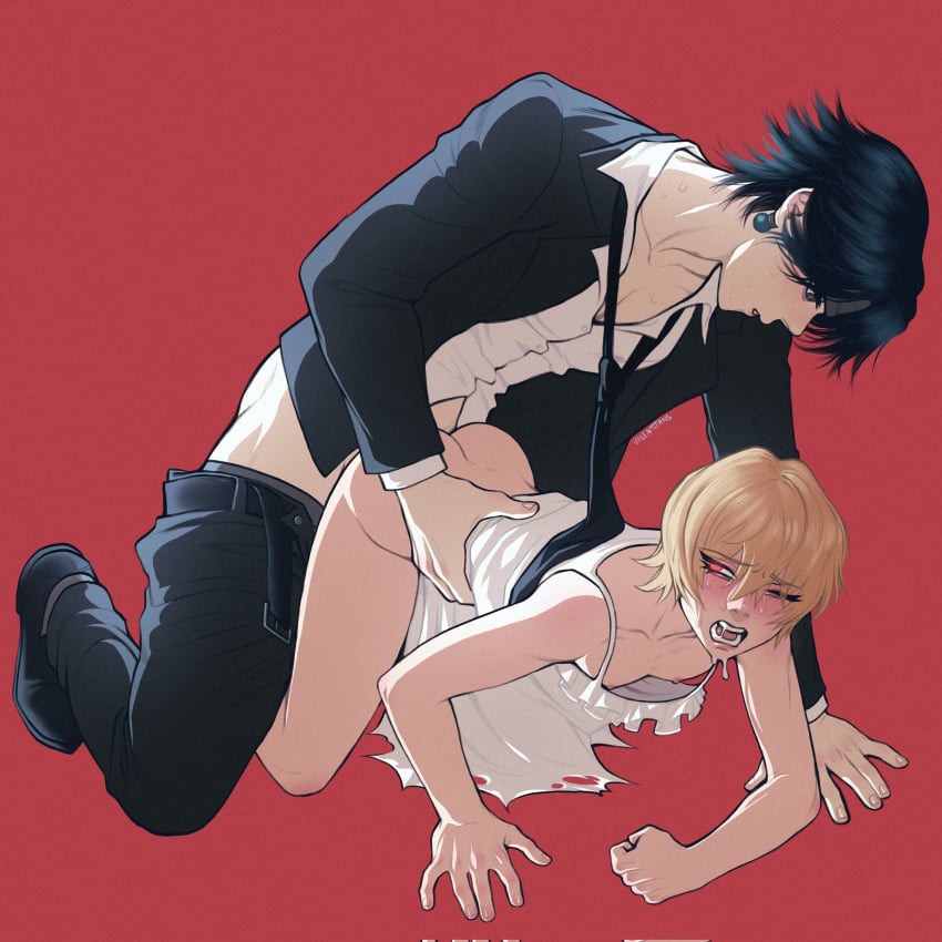 2boys androgynous ass black_hair blonde_hair blush chrollo_lucilfer clothed clothed_sex collarbone crying doggy_style drooling earrings femboy gay hunter_x_hunter implied_anal kurapika male male/male male_only one_eye_closed pale_skin pants_down rape red_eyes ren_valentine saliva saliva_drip saliva_string tears yaoi