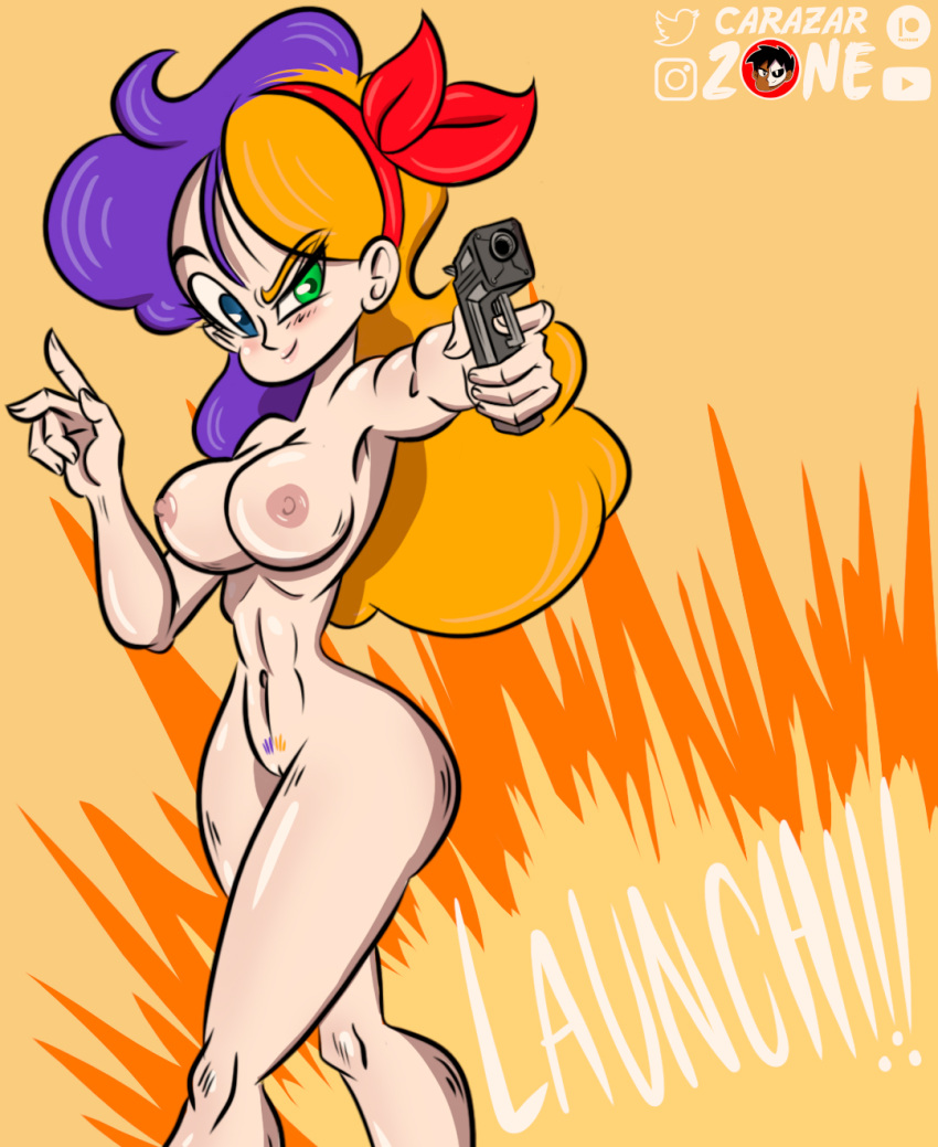 1girls bad_launch breasts carazar_zone dragon_ball dragon_ball_z full_body good_launch guns heterochromia launch multicolored_hair muscular_female neutral_launch nipples nude_female pistol pubic_hair smile