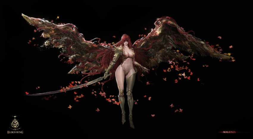 armor big_breasts black_background cleavage covered_nipples detailed dlx elden_ring eyes_covered female female_only fromsoftware full_body long_hair malenia_blade_of_miquella mechanical_arm mostly_nude painting painting_(artwork) prosthetic prosthetic_arm prosthetic_limbs realistic red_eyes red_hair scales scarlet_rot simple_background solo solo_female very_long_hair weapon wide_hips wings