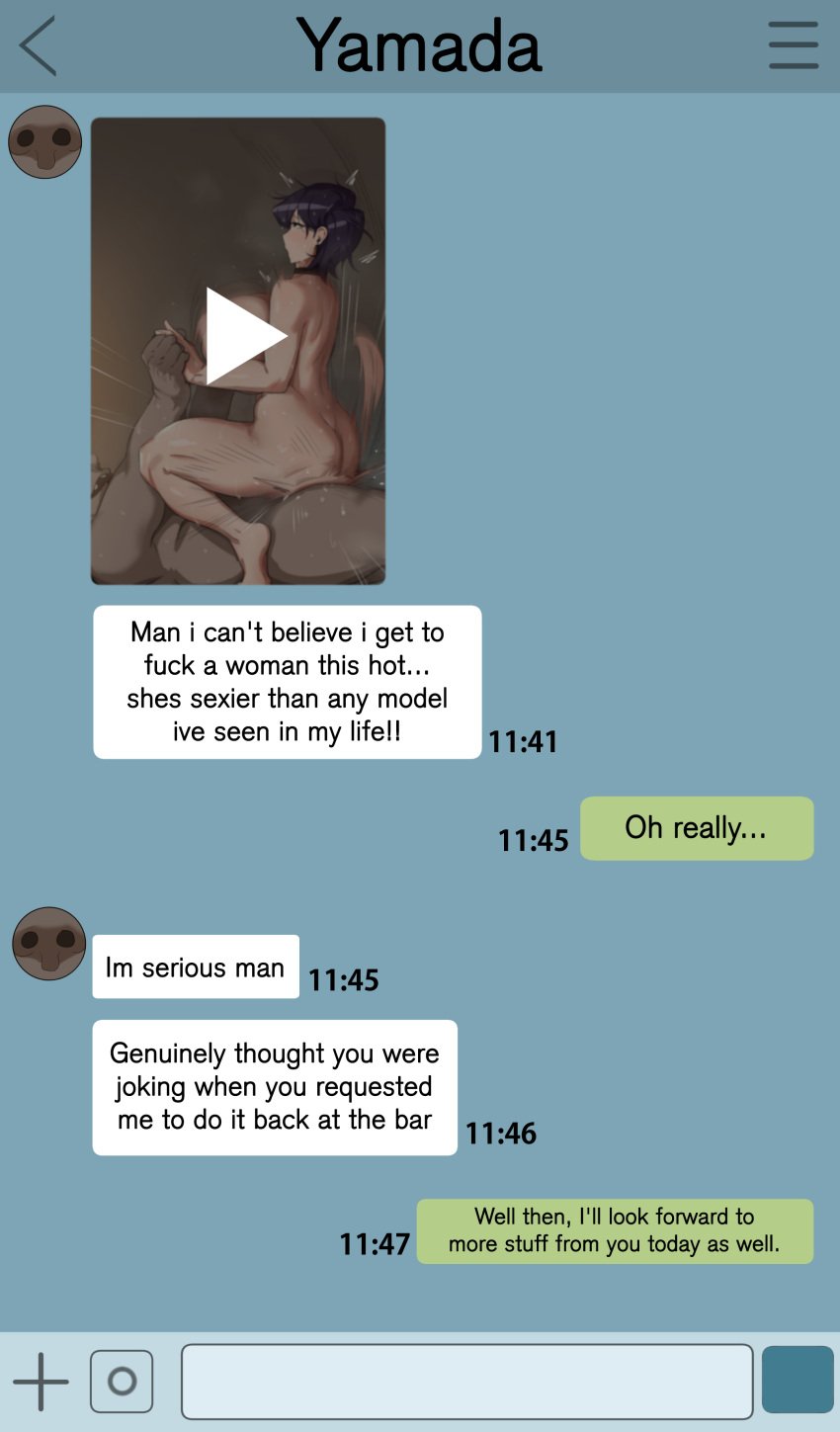 1boy 1girls chat_log cheating english_text fat_man hard_translated komi-san_wa_komyushou_desu komi_shuuko kunaboto line_(naver) milf netorare netorase ntr play_button riding sex text_messaging translated ugly_man venus_body video_(object) wife