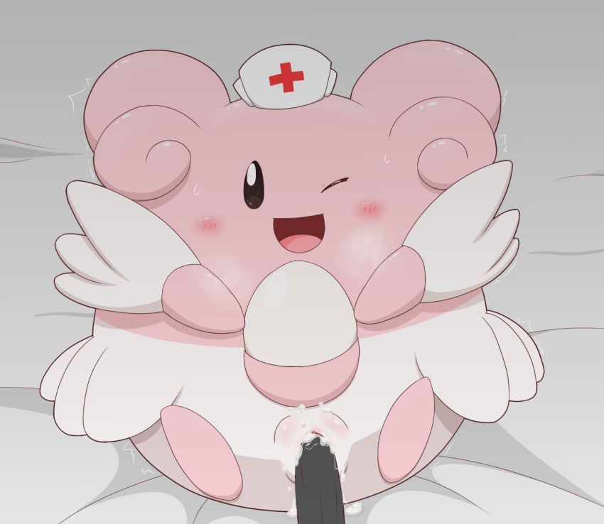 bed blissey blush bodily_fluids clothing creampie creampied_feral cum cum_in_pussy cum_inside duo female female_focus feral feral_creampied feral_penetrated feral_pokemon furniture genital_fluids genitals hat headgear headwear looking_at_viewer male male/female minami_(artist) nintendo nurse_clothing nurse_hat nurse_headwear on_bed one_eye_closed penis pokémon_(species) pokemon pussy pussy_juice solo_focus video_games