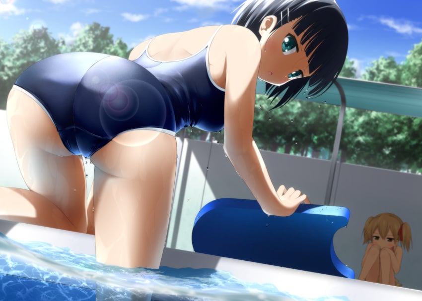 2girls ass ayano_keiko bent_over black_hair blue_eyes clothed clothed_female female female_only goribote kirigaya_suguha looking_back looking_back_at_viewer medium_breasts one-piece_swimsuit pool silica swimming_pool swimsuit swimwear sword_art_online tagme thighs wet