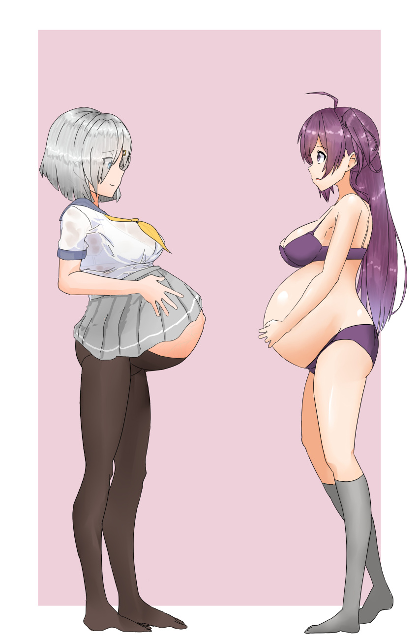 2girls absurdres ahoge bra bra_visible_through_clothes breasts double_pregnancy eyes_visible_through_hair full_body garylin grey_hair grey_skirt hagikaze_(kantai_collection) hamakaze_(kantai_collection) hands_on_own_stomach highres kantai_collection large_breasts long_hair long_purple_hair maternity_pantyhose multiple_girls multiple_pregnancies navel panties pantyhose pregnant purple_bra purple_eyes purple_hair purple_panties school_uniform see-through short_gray_hair short_hair side_ponytail simple_background skirt smile socks underwear underwear_only wet wet_clothes white_bra