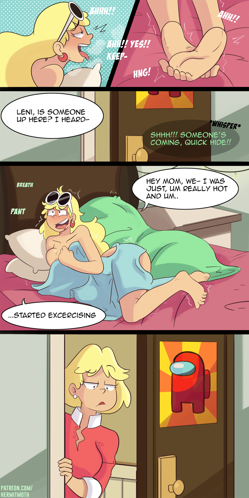 amogus blonde_hair breasts caught_in_the_act comedy comic dialogue female hermitmoth interrupted leni_loud long_hair male male/female meme open_mouth rita_loud sex speech_bubble stealth_sex straight_hair text the_loud_house toe_curl tongue_out