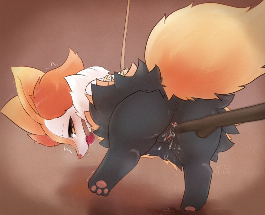 2019 ambiguous_gender ambiguous_penetrating ambiguous_penetrating_female anthro anus arms_tied ass ball_gag bent_over black_body black_fur blush bodily_fluids bondage bound braixen branch duo eyes_mostly_closed female female/ambiguous female_penetrated fluffy fluffy_tail fur gag genital_fluids genitals hi_res inner_ear_fluff kemono looking_back mammal motion_lines narrowed_eyes neck_tuft nintendo orgasm pawpads paws penetration pokémon_(species) pokemon pokemon_(species) pussy pussy_juice rag._(artist) red_body red_fur restraints rope rope_bondage saliva shaking solo_focus tears tuft vaginal_penetration video_games white_body white_fur yellow_body yellow_fur