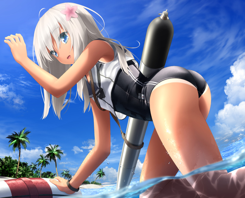 ass beach blue_eyes eyebrows_visible_through_hair from_below goribote hair_ornament kantai_collection one-piece_swimsuit palm_tree ro-500_(kantai_collection) school_swimsuit shirt silver_hair swimsuit tagme tan_skin tanline tanlines thighs torpedo