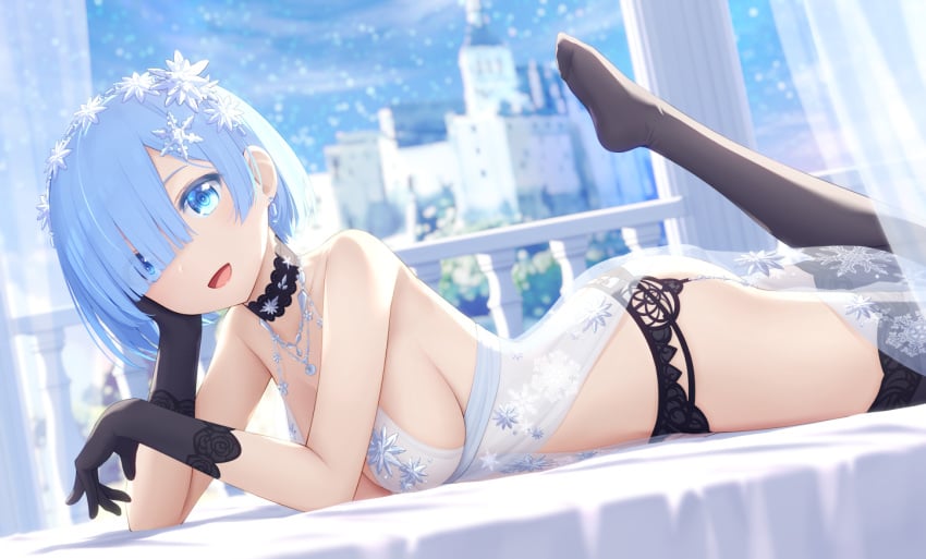 1girls arm_gloves armwear ass_cleavage black_thighhighs blue_eyes blue_hair butt_crack choker female_only garter_belt goribote large_breasts looking_at_viewer matching_hair/eyes nightgown re:zero_kara_hajimeru_isekai_seikatsu rem_(re:zero) tagme teenage_girl teenager thighhighs