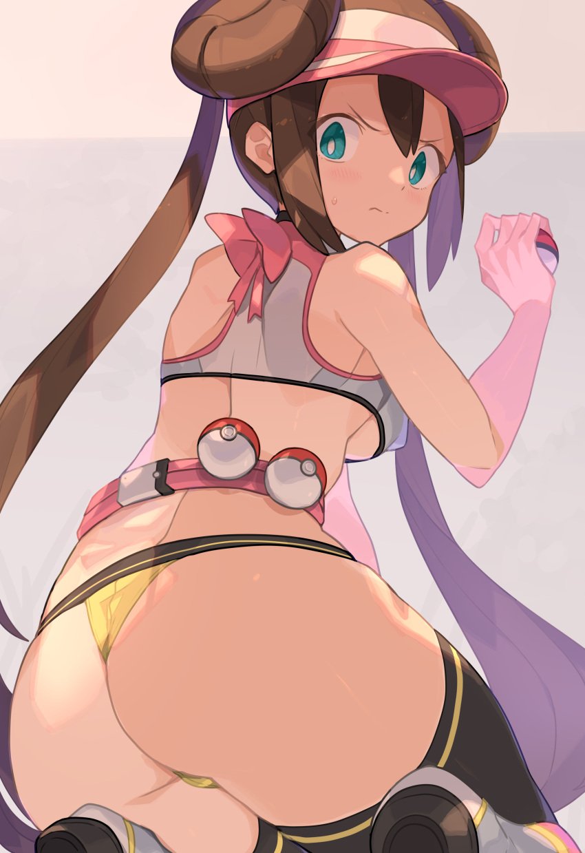 1girls adapted_costume alternate_costume alternate_hairstyle angry aqua_eyes ass ass_focus bare_back bare_hips bare_shoulders belt big_ass big_breasts big_butt big_eyes bikini black_thighhighs blue_eyes blush bow bowtie breasts brown_hair butt butt_focus closed_mouth clothing covered_nipples creatures_(company) crop_top cute dat_ass double_bun erect_nipples erect_nipples_under_clothes eye_contact female female_only footwear from_behind game_freak gym_uniform hair_between_eyes hair_bun hi_res high_heels high_resolution highres holding holding_object holding_poke_ball human large_breasts legwear light-skinned_female light_skin long_hair looking_at_viewer looking_back medium_breasts nintendo nipple_bulge nipples no_bra off_shoulder pale_skin poke_ball poke_ball_(basic) pokeball pokemon pokemon_(anime) pokemon_(game) pokemon_bw2 pokemon_masters_ex pokemon_trainer revealing_clothes rosa_(pokemon) sideboob sidelocks simple_background sitting solo solo_female sports_bikini sports_bra sportswear spring2013 teal_eyes thighhighs thong thong_bikini tight_clothing twintails underboob very_long_hair visor_cap waist_poke_ball wariza wide_eyed wide_hips