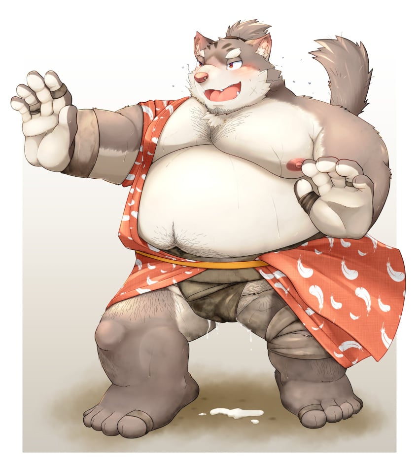 2022 absurd_res anthro belly blush bodily_fluids cum cum_on_ground domestic_cat felid feline felis genital_fluids hi_res humanoid_hands kemono lifewonders male mammal moobs nipples obese obese_male overweight overweight_male sitri solo sumo tokyo_afterschool_summoners udontarai video_games