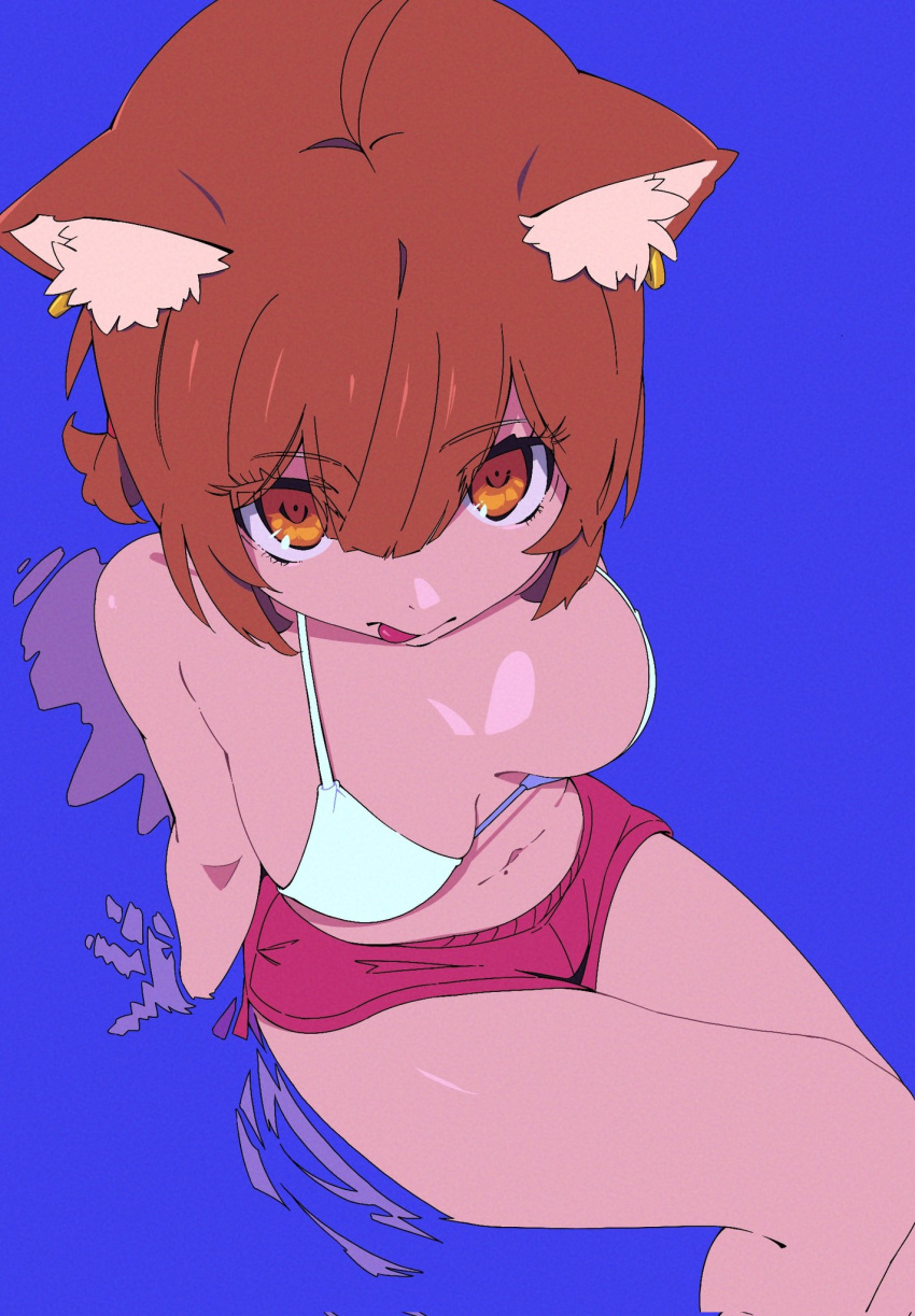 animal_ear_fluff arm_support bangs bare_arms bare_shoulders bikini brown_eyes brown_hair closed_mouth commentary_request dolphin_shorts eyebrows_visible_through_hair feet_out_of_frame female female from_above hair_between_eyes highres looking_at_viewer looking_up nijisanji purple_background ratna_petit red_panda_ears red_shorts shallow_water short_shorts shorts sirataki_umauma sitting solo swimsuit tongue tongue_out virtual_youtuber water white_bikini