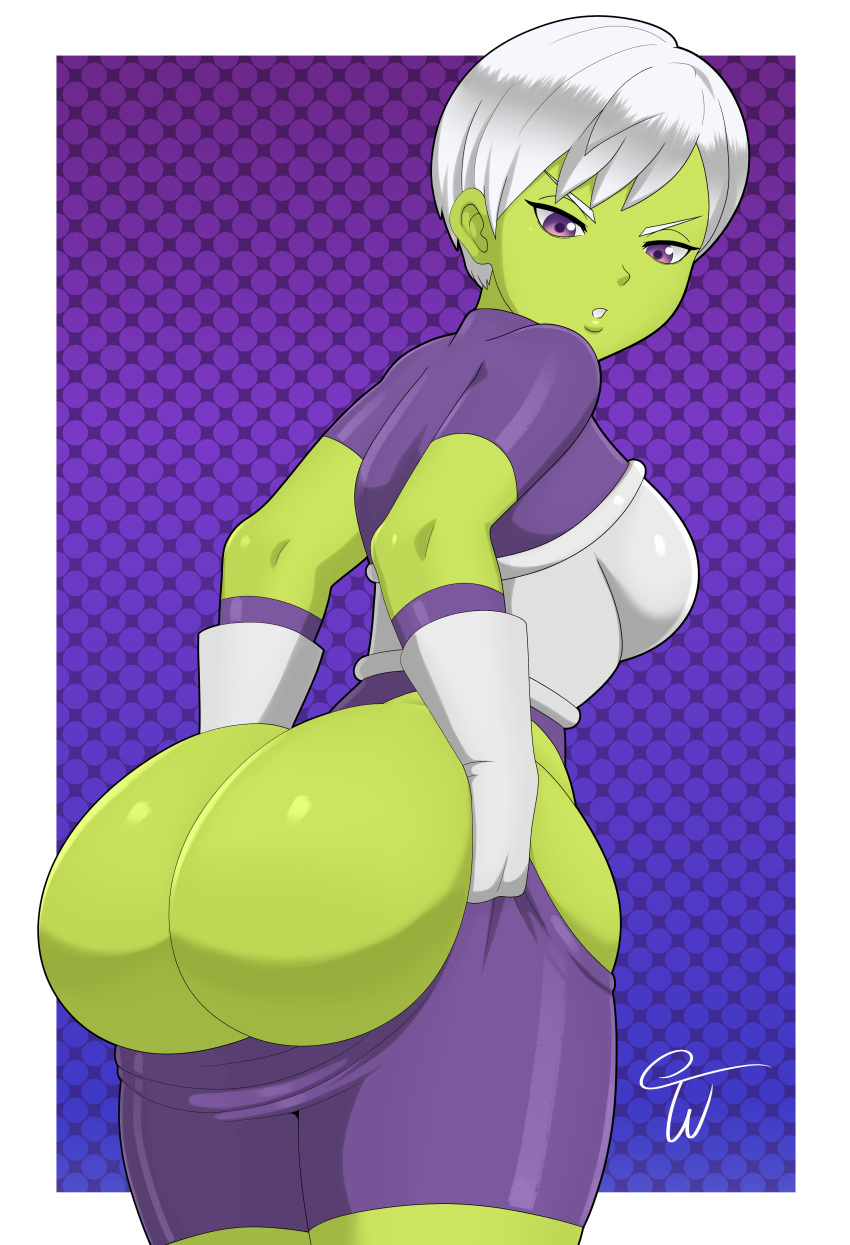 1girls alien_girl armor ass big_ass breasts butt cheelai clothing dragon_ball dragon_ball_super dragon_ball_z female female_only green_body high_resolution looking_at_viewer mooning pulling_up_pants solo solo_female tagme truewaifu white_hair