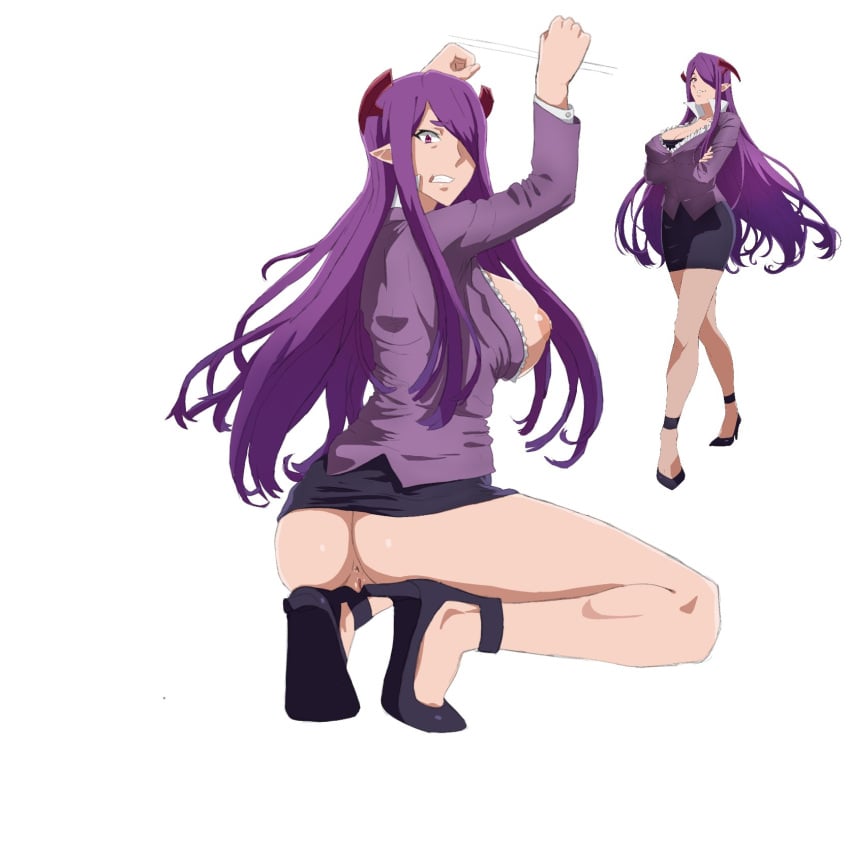 1girls belza_shuba'ha_(meikyuu_black_company) clothed clothed_female clothing elf_ears eyebrows_visible_through_hair female female_focus female_only high_heels kyaputenu long_hair meikyuu_black_company pointy_ears purple_eyebrows purple_hair solo solo_female the_dungeon_of_black_company