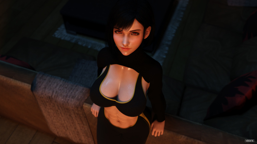 1girls 3d above_view alternate_costume alternate_hairstyle alternate_version_available athletic black_hair eyelashes eyeshadow facing_viewer female female_only final_fantasy final_fantasy_vii final_fantasy_vii_remake fireplace fit fit_female fringe heroine human large_breasts light-skinned_female looking_at_viewer medium_hair night petite red_eyes seductive_eyes seductive_look short_hair slim solo square_enix tifa_lockhart turtleneck vekkte viewed_from_above