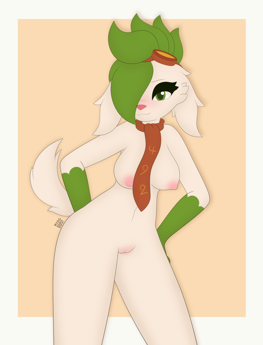 absurd_res anthro blush clothed clothed/nude clothing eyewear female fur furry furry_only genitals goggles grace_mustang green_eyes green_hair hair hi_res legendary_pokemon looking_at_viewer max_draws naked nintendo nipples nude pokémon_(species) pokemon pokemon_(species) pussy scarf shaymin sky_forme_shaymin solo standing tail video_games white_body white_fur