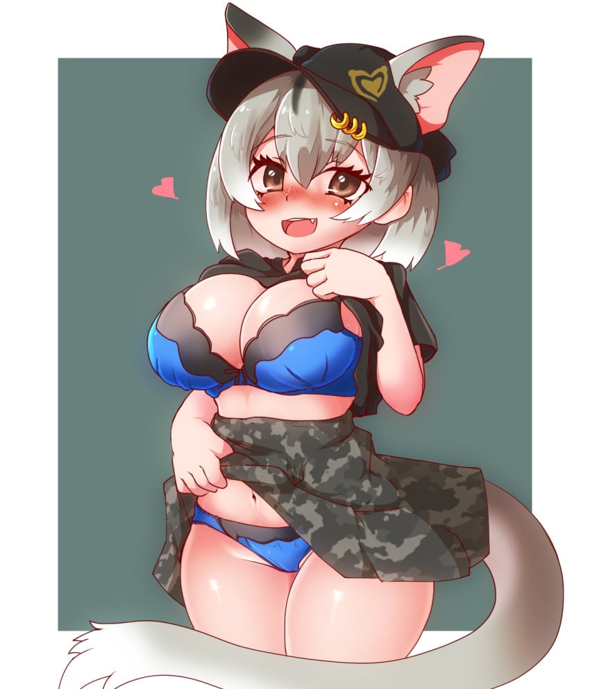 animal_ears blue_bra blue_panties blush bra breasts brown_eyes cleavage eastern_quoll_(kemono_friends) fang grey_hair hat heart kemono_friends large_breasts lingerie looking_at_viewer navel panties shirt shirt_lift short_hair skirt skirt_lift tagme tail thick_thighs thighs yagi_paranoia